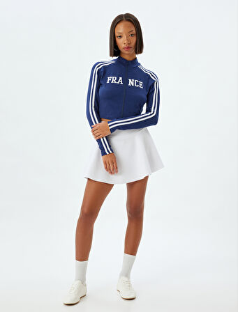 Crop Tişört Fermuarlı Uzun Kollu Slogan Baskılı Dik Yaka Biyeli Slim Fit