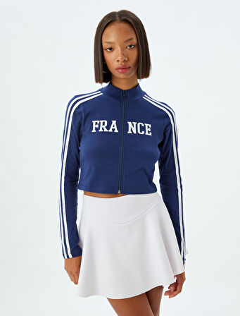 Crop Tişört Fermuarlı Uzun Kollu Slogan Baskılı Dik Yaka Biyeli Slim Fit