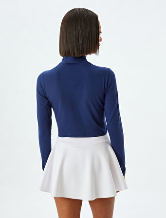 Crop Tişört Fermuarlı Uzun Kollu Slogan Baskılı Dik Yaka Biyeli Slim Fit