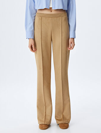 Süet Görünümlü Yüksek Bel Lastikli Nervürlü İspanyol Paça Pantolon