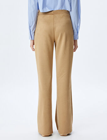 Süet Görünümlü Yüksek Bel Lastikli Nervürlü İspanyol Paça Pantolon