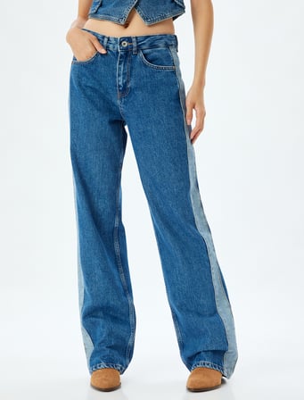 Düz Paça Kot Pantolon Renk Bloklu Yüksek Bel Düğmeli Pamuklu - Longer Straight Fit Jean