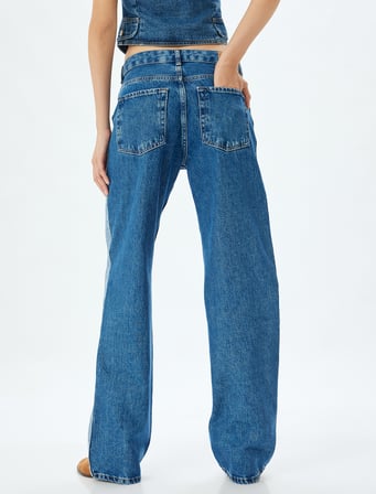 Düz Paça Kot Pantolon Renk Bloklu Yüksek Bel Düğmeli Pamuklu - Longer Straight Fit Jean