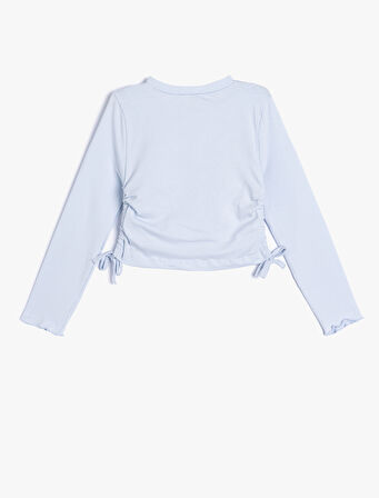 Kedi Baskılı Tişört Yanları Büzgülü Bağlamalı Uzun Kollu Bisiklet Yaka Pamuklu