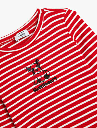 Tişört Köpek İşlemeli Uzun Kollu Bisiklet Yaka Ribanalı