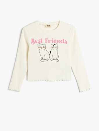 Tişört Uzun Kollu Kedi Baskılı Bisiklet Yaka Pamuklu