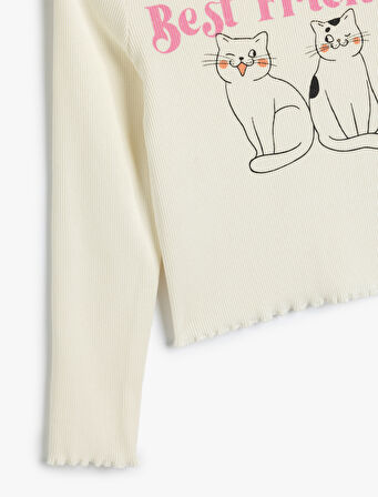 Tişört Uzun Kollu Kedi Baskılı Bisiklet Yaka Pamuklu