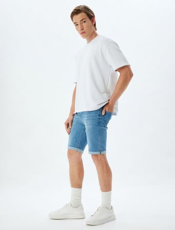 Slim Fit Kot Şort Bermuda Cep Detaylı Pamuklu