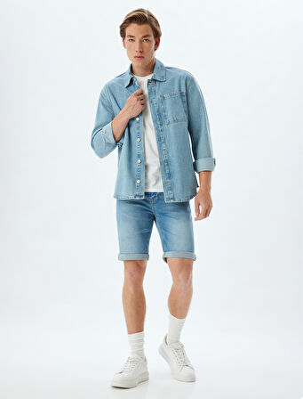 Slim Fit Kot Şort Bermuda Cep Detaylı Pamuklu