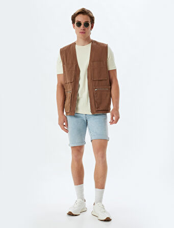 Slim Fit Kot Şort Bermuda Cep Detaylı Pamuklu