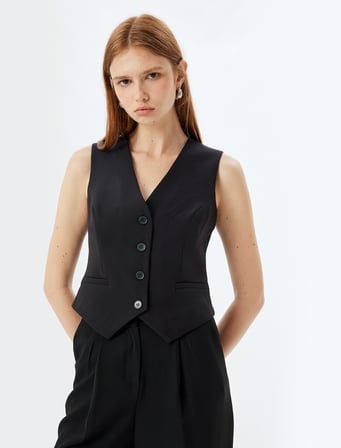 Slim Fit Düğmeli V Yaka Klasik Blazer Yelek