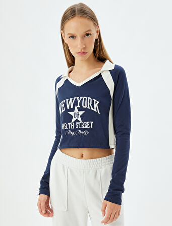 Polo Yaka Tişört Crop Uzun Kollu Kolej Baskılı Slim Fit