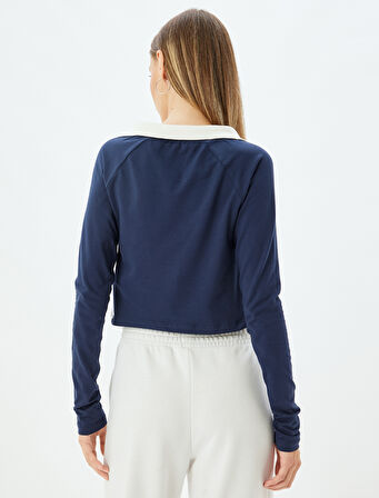Polo Yaka Tişört Crop Uzun Kollu Kolej Baskılı Slim Fit