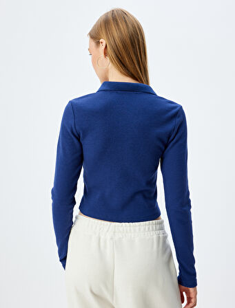 Polo Yaka Tişört Crop Uzun Kollu Düğmeli Kiraz İşlemeli