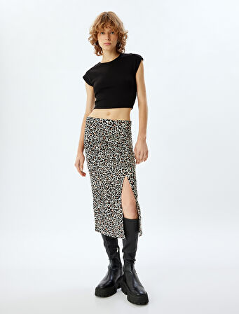 Leopar Desenli Midi Drapeli Yırtmaç Detaylı Etek Bürümcük