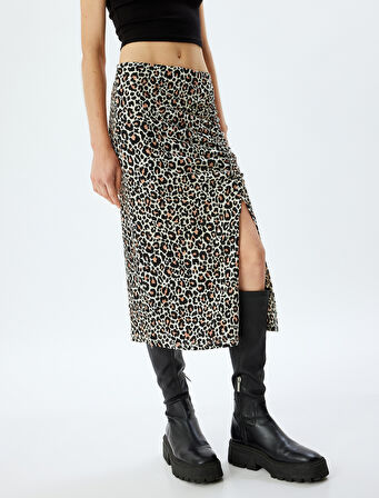 Leopar Desenli Midi Drapeli Yırtmaç Detaylı Etek Bürümcük