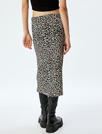 Leopar Desenli Midi Drapeli Yırtmaç Detaylı Etek Bürümcük
