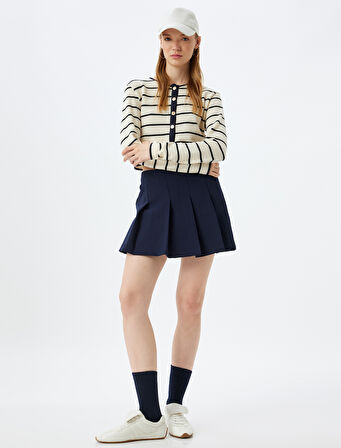 Crop Hırka Düğmeli Bisiklet Yaka Uzun Kollu Renk Bloklu