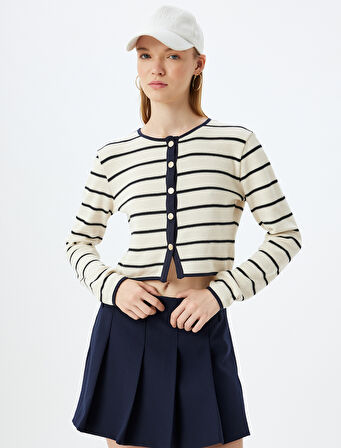 Crop Hırka Düğmeli Bisiklet Yaka Uzun Kollu Renk Bloklu