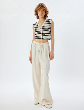 Crop Triko Hırka Kolsuz V Yaka Renk Bloklu İnci Düğmeli Cep Detaylı Slim Fit