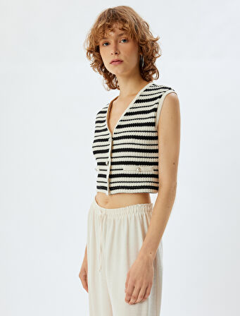 Crop Triko Hırka Kolsuz V Yaka Renk Bloklu İnci Düğmeli Cep Detaylı Slim Fit