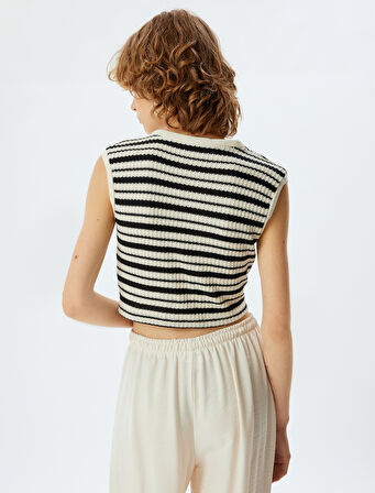 Crop Triko Hırka Kolsuz V Yaka Renk Bloklu İnci Düğmeli Cep Detaylı Slim Fit