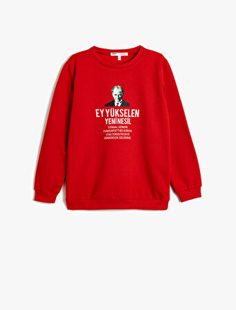 Atatürk Baskılı Sweatshirt Şardonlu Bisiklet Yaka Uzun Kollu 