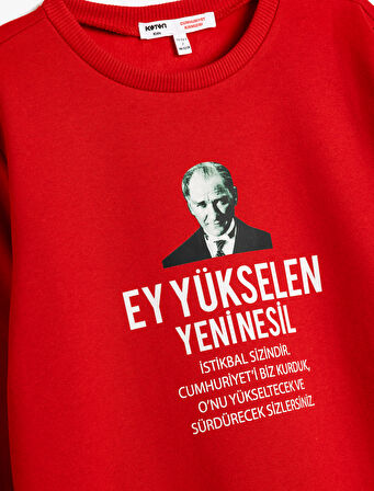 Atatürk Baskılı Sweatshirt Şardonlu Bisiklet Yaka Uzun Kollu 