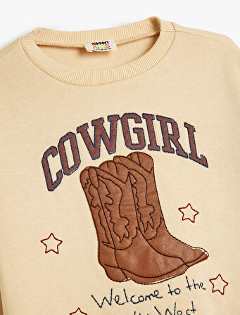 Sweatshirt Uzun Kollu Bisiklet Yaka Aplike Detaylı Şardonlu