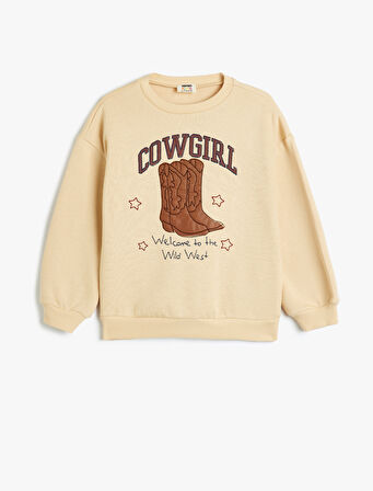 Sweatshirt Uzun Kollu Bisiklet Yaka Aplike Detaylı Şardonlu