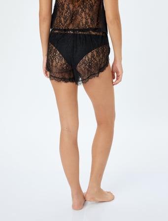 Arkası Dantelli Transparan  Mini Saten Şort Pijama Altı