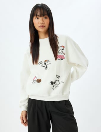 Şardonlu Snoopy Oversize Sweatshirt Arkası Baskılı Bisiklet Yaka Lisanslı