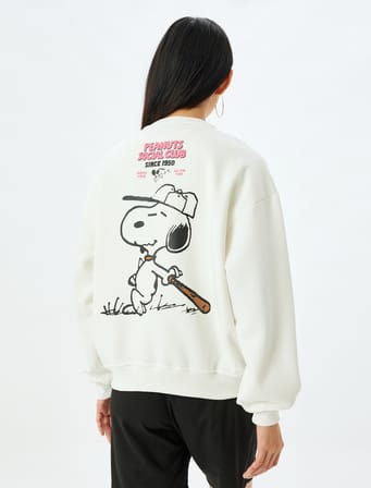 Şardonlu Snoopy Oversize Sweatshirt Arkası Baskılı Bisiklet Yaka Lisanslı