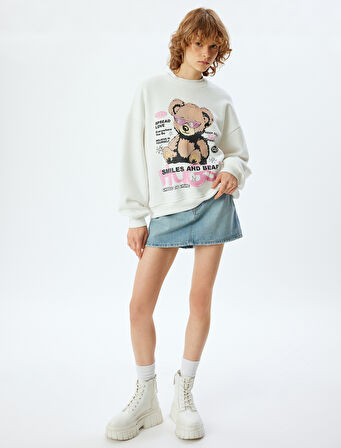 Oversize Sweatshirt Ayı Temalı Arkası Baskılı Bisiklet Yaka Şardonlu