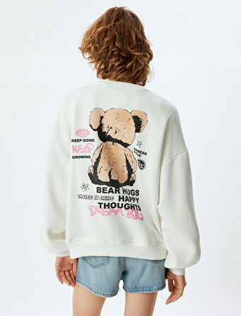 Oversize Sweatshirt Ayı Temalı Arkası Baskılı Bisiklet Yaka Şardonlu