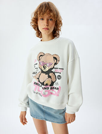 Oversize Sweatshirt Ayı Temalı Arkası Baskılı Bisiklet Yaka Şardonlu