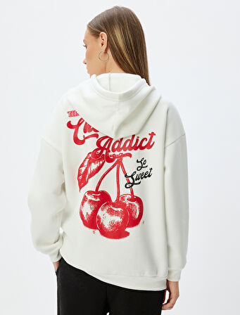 Oversize Kapüşonlu Sweatshirt Arkası Meyve Baskılı Şardonlu