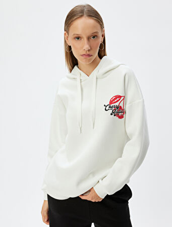 Oversize Kapüşonlu Sweatshirt Arkası Meyve Baskılı Şardonlu