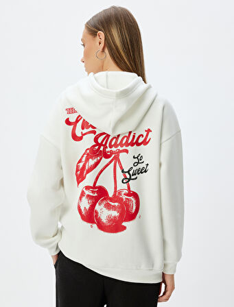 Oversize Kapüşonlu Sweatshirt Arkası Meyve Baskılı Şardonlu