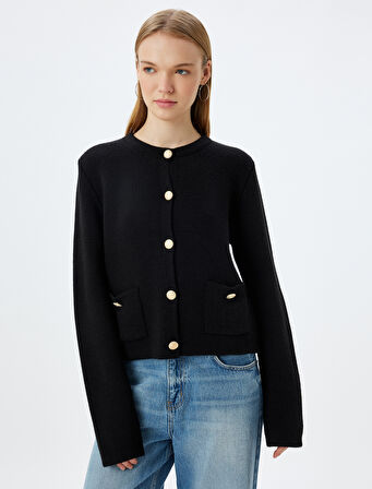 Triko Hırka Bisiklet Yaka Cep Detaylı Düğmeli