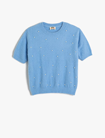 Kısa Kollu Triko Kazak İnci Detaylı 