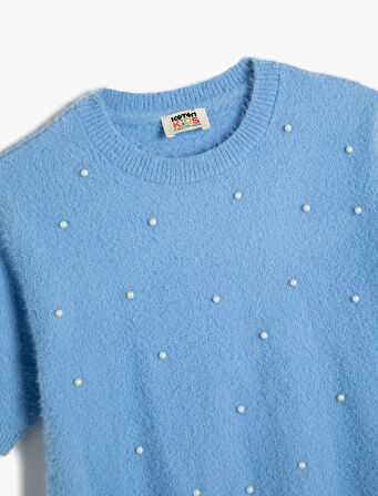 Kısa Kollu Triko Kazak İnci Detaylı 