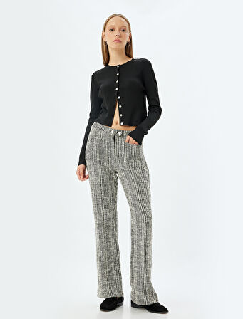 Yüksek Bel Pantolon Düğmeli Düz Paça Dokulu Cep Detaylı