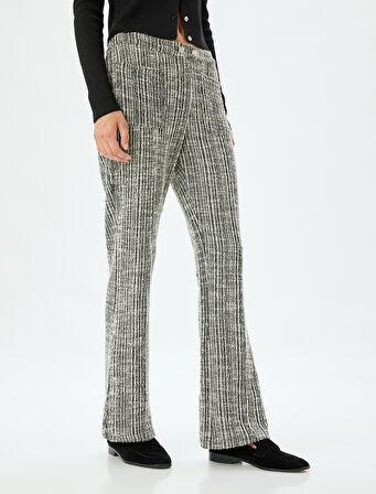 Yüksek Bel Pantolon Düğmeli Düz Paça Dokulu Cep Detaylı