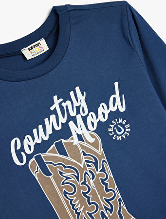 Tişört Uzun Kollu Kovboy Çizmesi Baskılı Bisiklet Yaka Pamuklu