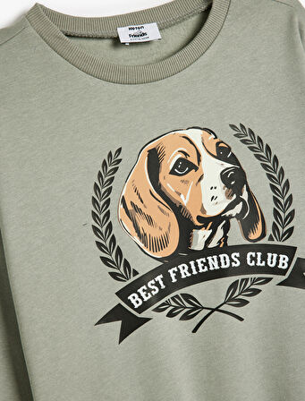 Oversize Sweatshirt Köpek Baskılı Bisiklet Yaka Uzun Kollu Pamuklu