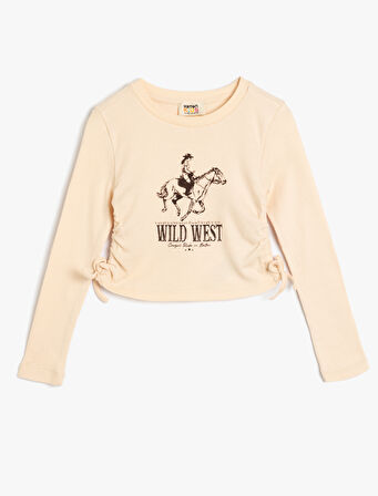 Uzun Kollu Tişört Yanları Büzgülü Bağlamalı Baskı Detaylı Bisiklet Yaka Ribanalı 