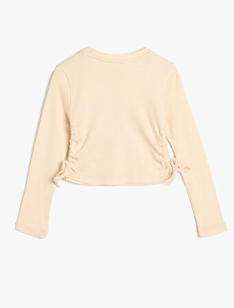 Uzun Kollu Tişört Yanları Büzgülü Bağlamalı Baskı Detaylı Bisiklet Yaka Ribanalı 