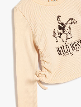 Uzun Kollu Tişört Yanları Büzgülü Bağlamalı Baskı Detaylı Bisiklet Yaka Ribanalı 