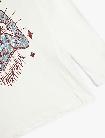 Tişört Uzun Kollu Bisiklet Yaka Baskı Detaylı Pamuklu